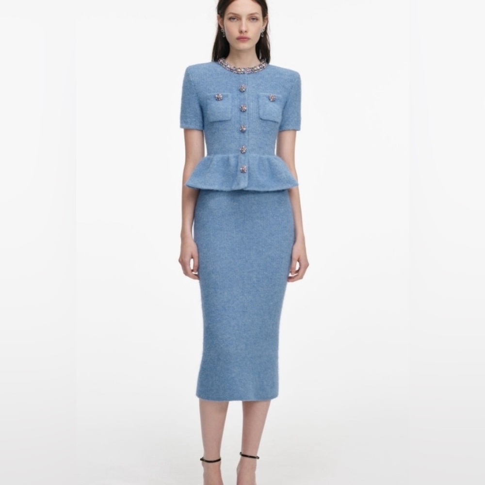 Self-Portrait Blue Peplum Knit Midi Dress